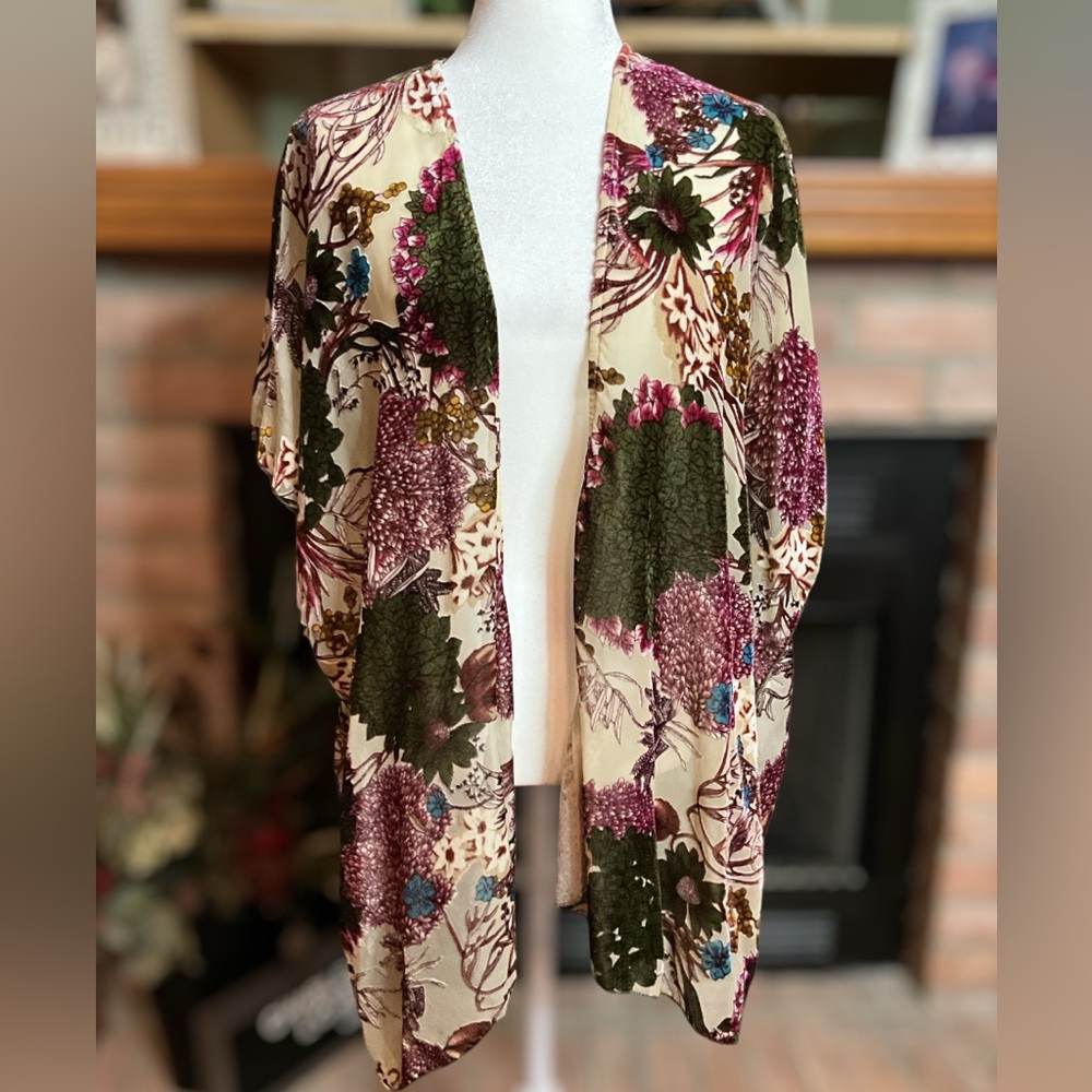 Audrey 3+1 Cream Floral Kimono with Olive, Plum & Teal Accents